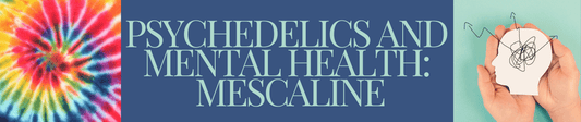 A blog image banner with title text and pictures depicting therapies for mental health using mescaline.
