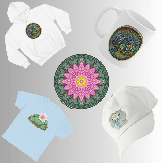 Sacred Buttons merchandise, including a sweater, T-shirt, mug, hat, and sticker. 