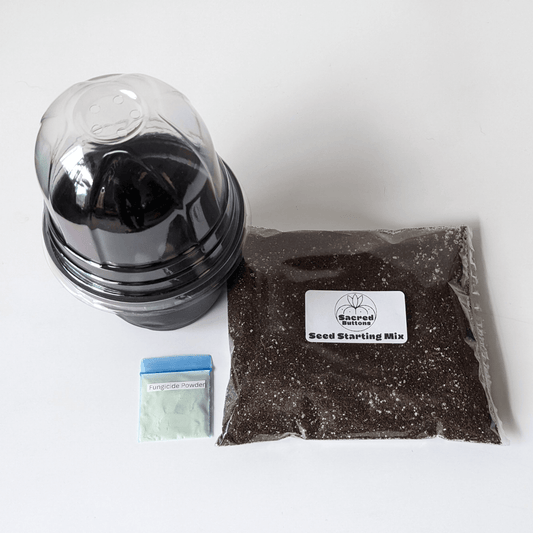A seed starting kit that includes a germination container, a bag of seed starting mix, and a package of fungicide powder. 